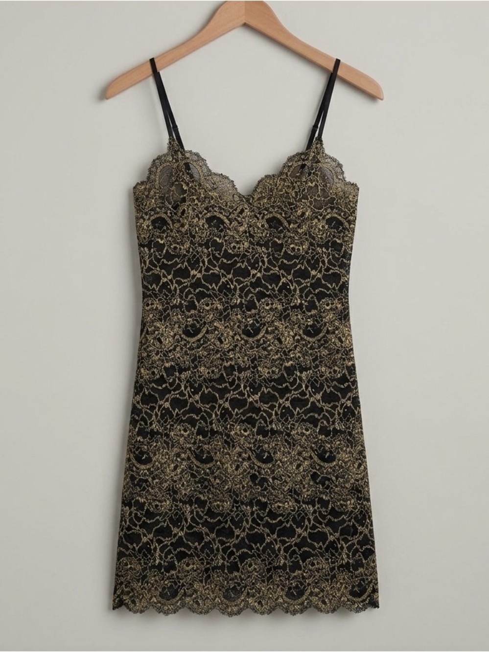 Natori Black and Gold Lace Slip Dress